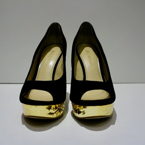 Enzo Angiolini Peep Toe Platform Pumps - Black Suede & Gold - Size 7.5 - Picture 7 of 8